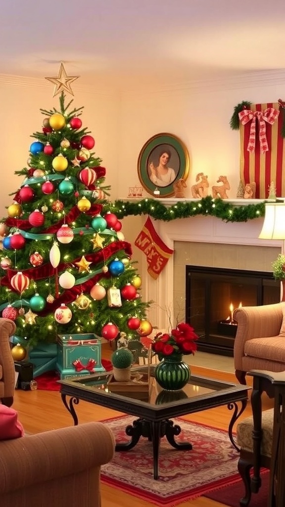 A 1950s styled Christmas living room with a decorated tree, vintage ornaments, and warm festive decor.